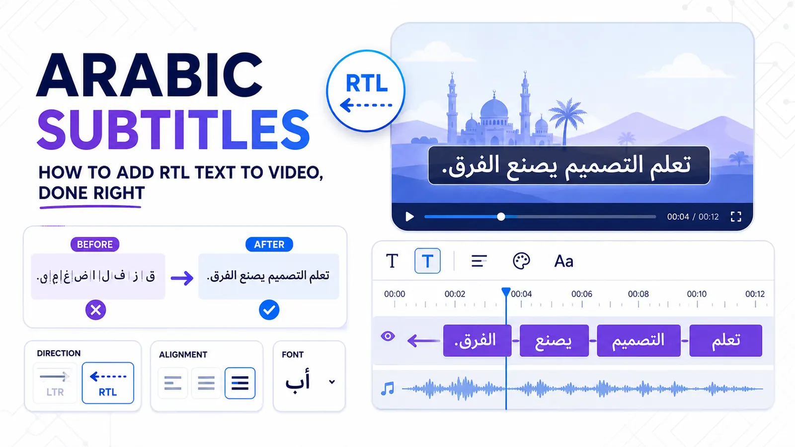 Arabic subtitle editor showing correct right-to-left text rendering and timing controls