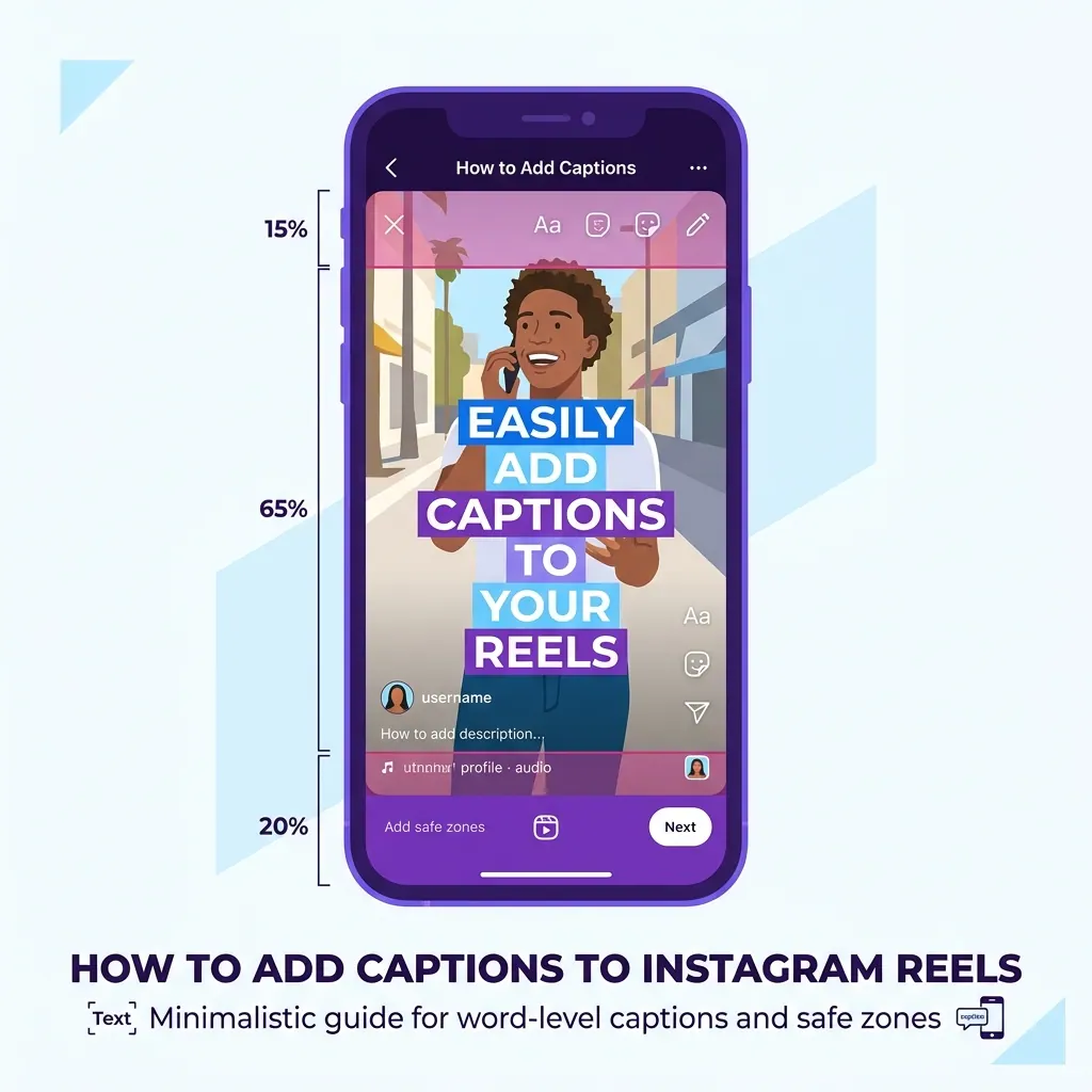 Instagram Reels caption editor with vertical video safe zones and word-level timing blocks