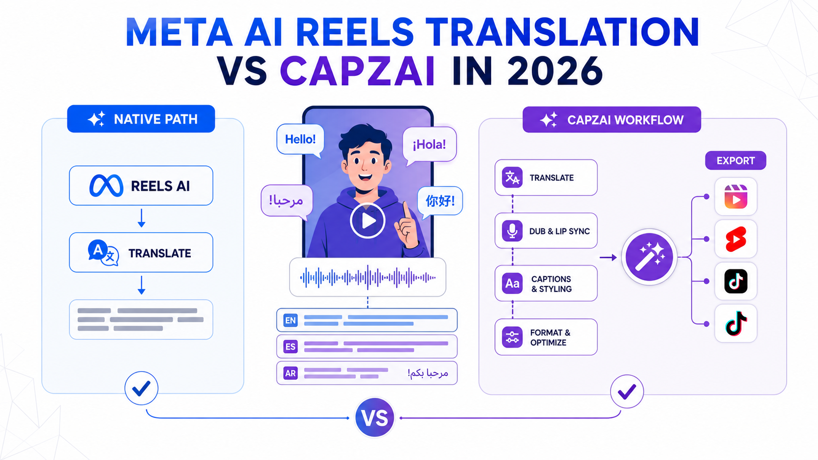 Illustrated comparison between native Reels AI translation and a multilingual short-form production workflow