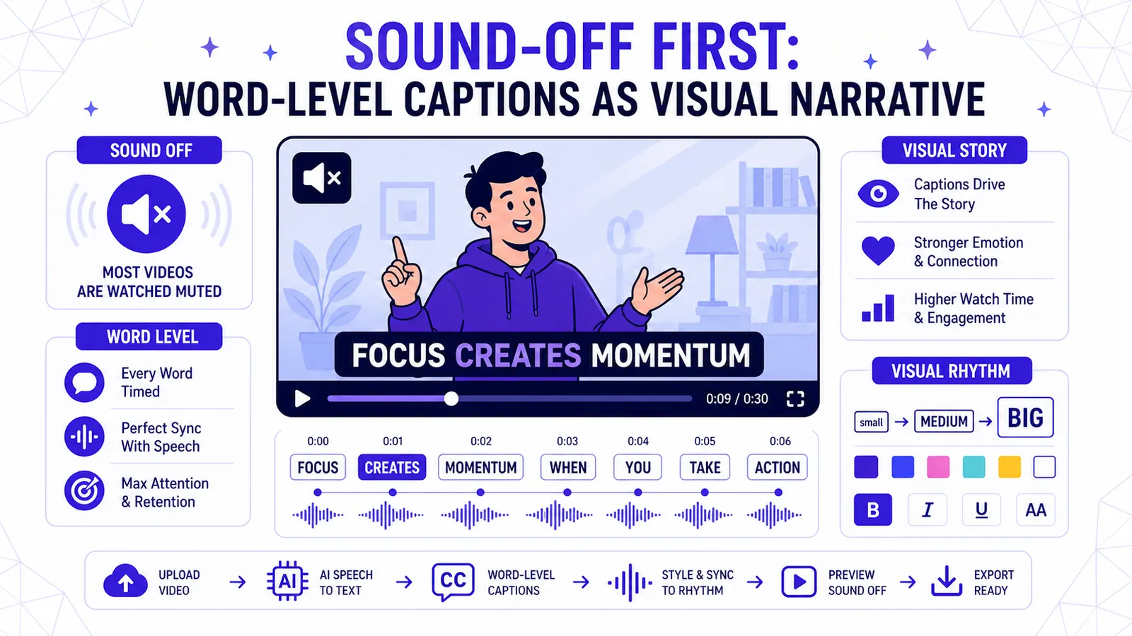 Sound-off first: word-level captions as visual narrative