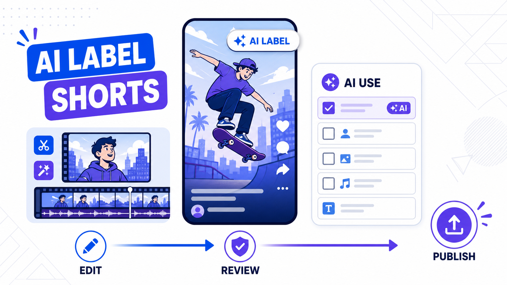 Editorial SaaS illustration showing a vertical Short with an AI disclosure badge beside a captioned editing workflow